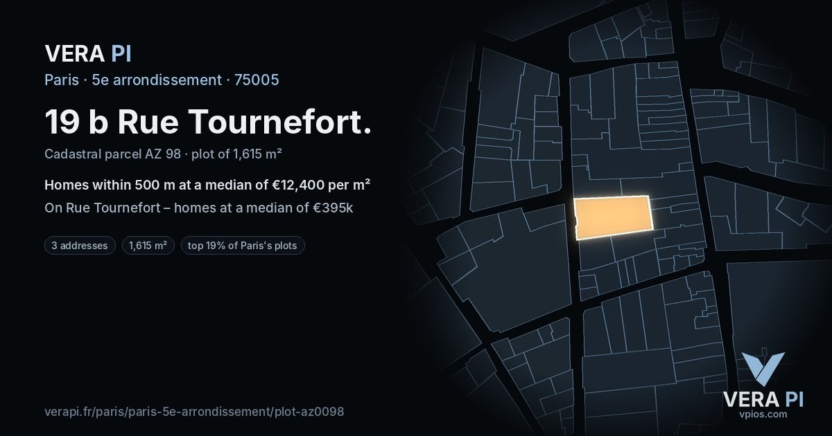 19 b Rue Tournefort, 5e arrondissement at night – the plot lit, the parcels around coloured by the prices near them