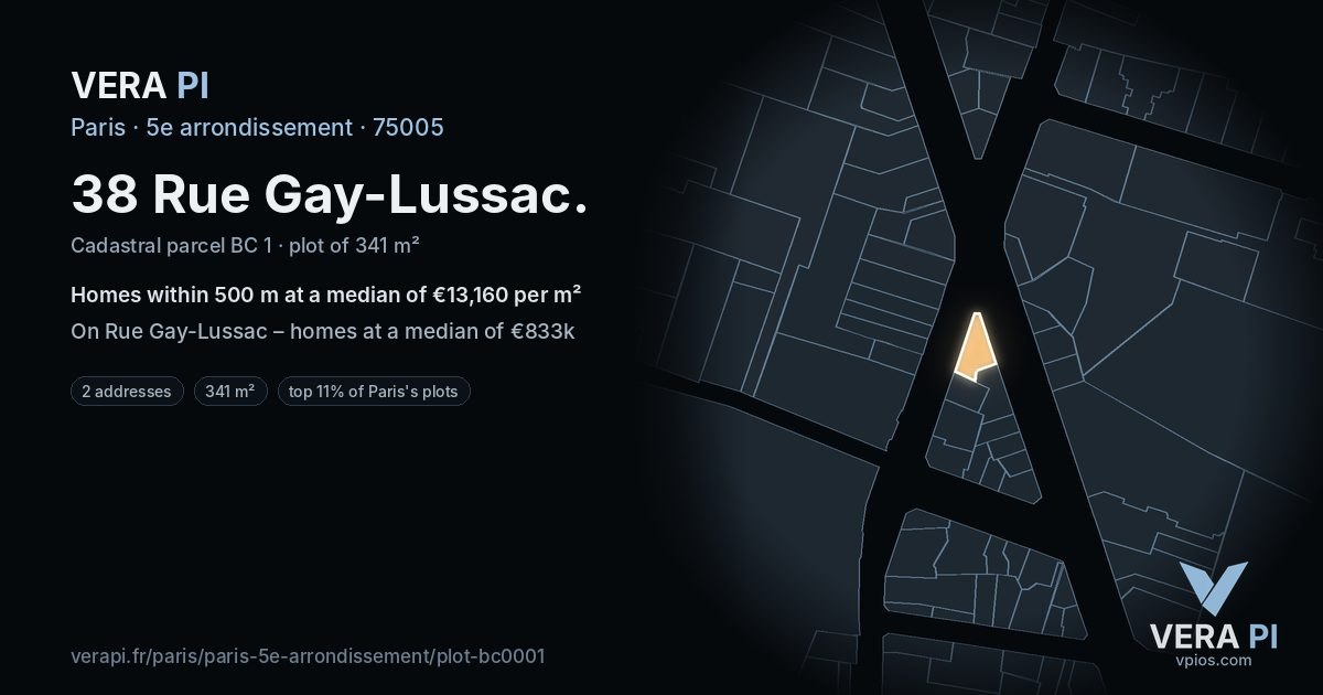 38 Rue Gay-Lussac, 5e arrondissement at night – the plot lit, the parcels around coloured by the prices near them