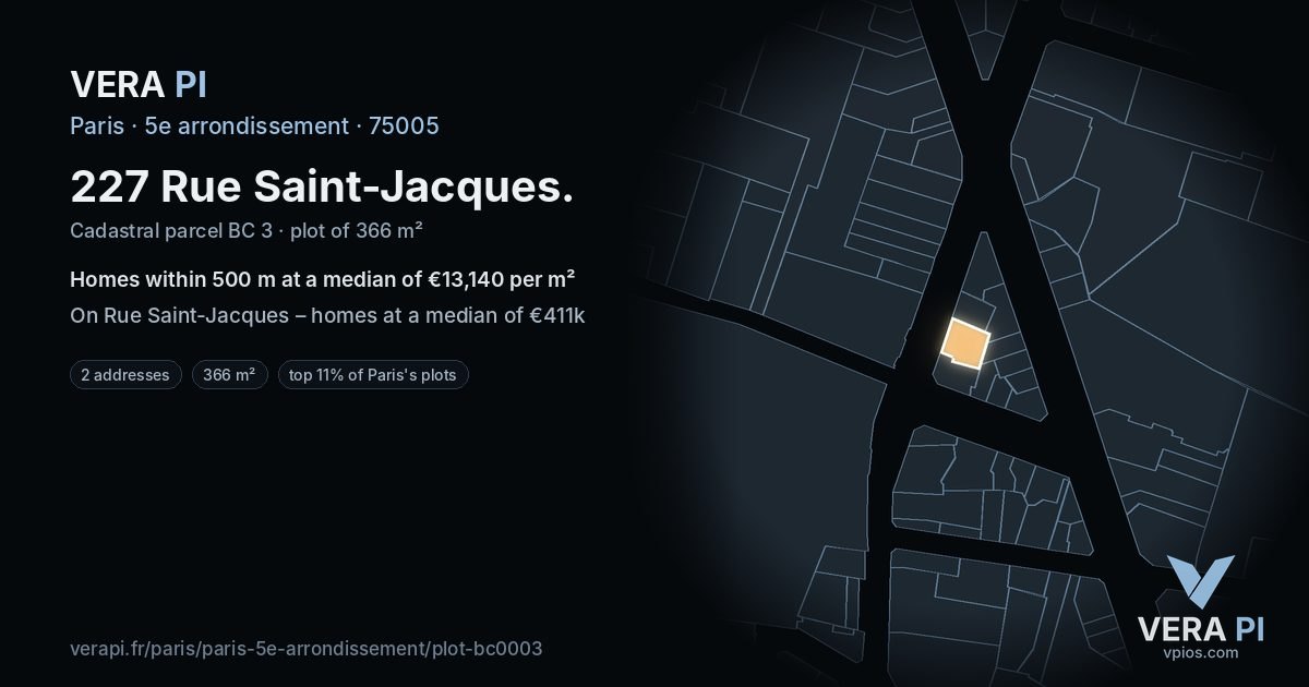 227 Rue Saint-Jacques, 5e arrondissement at night – the plot lit, the parcels around coloured by the prices near them