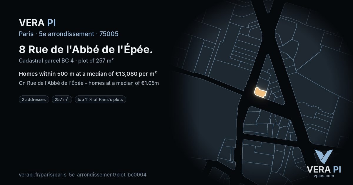 8 Rue de l'Abbé de l'Épée, 5e arrondissement at night – the plot lit, the parcels around coloured by the prices near them