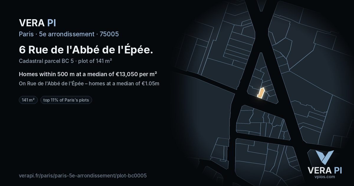 6 Rue de l'Abbé de l'Épée, 5e arrondissement at night – the plot lit, the parcels around coloured by the prices near them