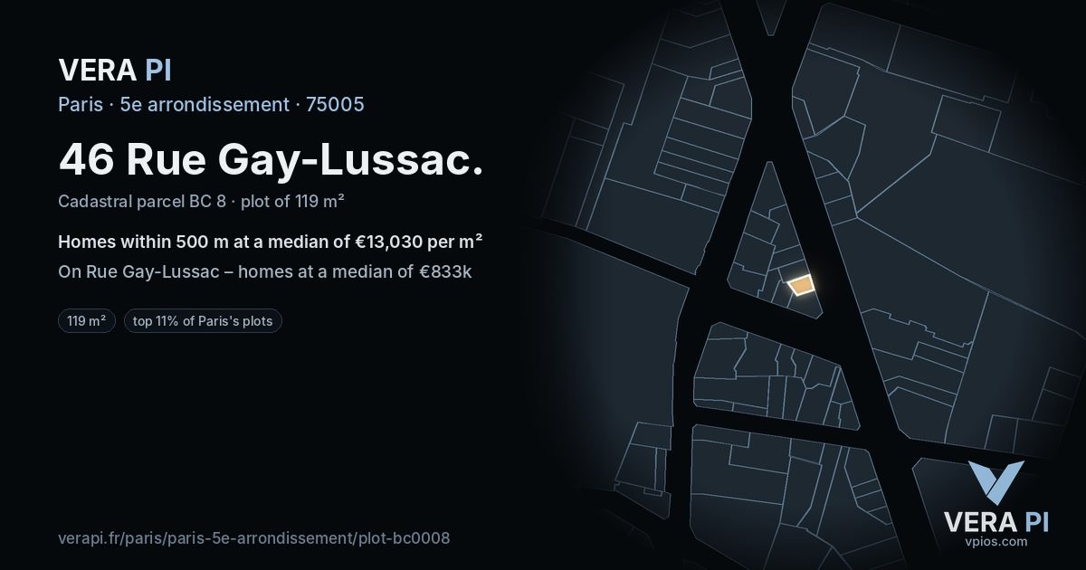 46 Rue Gay-Lussac, 5e arrondissement at night – the plot lit, the parcels around coloured by the prices near them