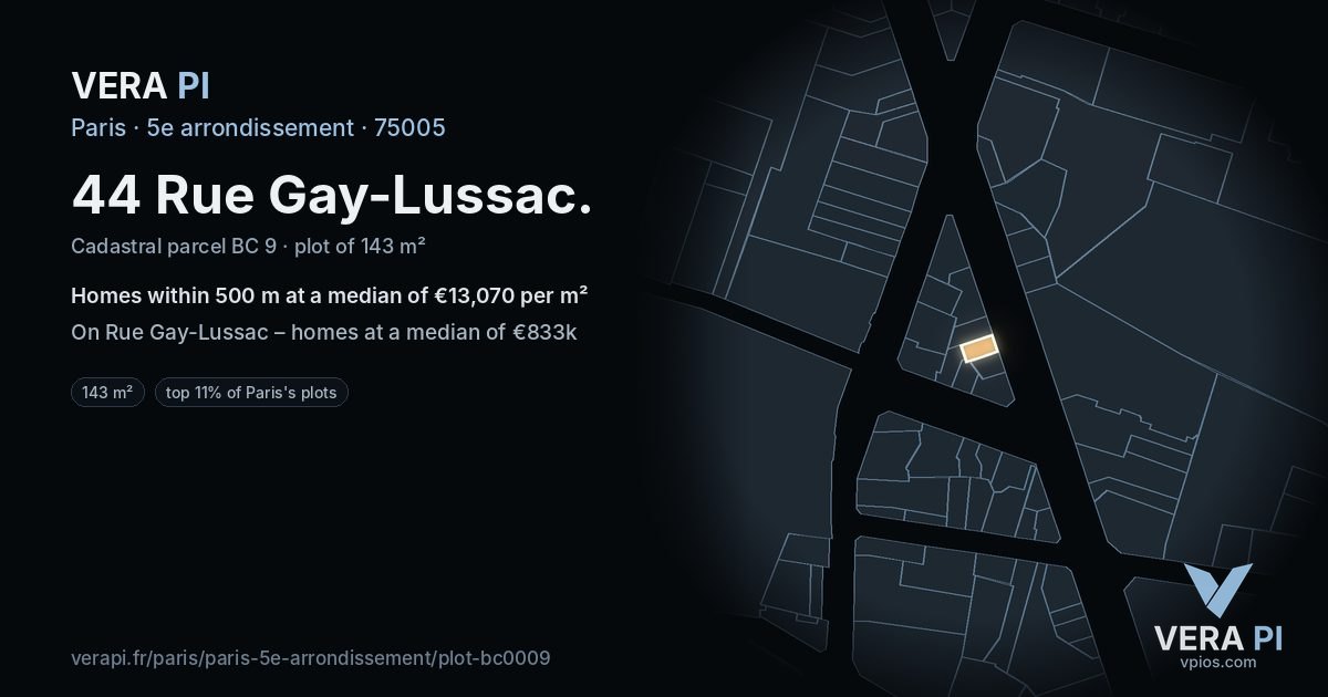 44 Rue Gay-Lussac, 5e arrondissement at night – the plot lit, the parcels around coloured by the prices near them
