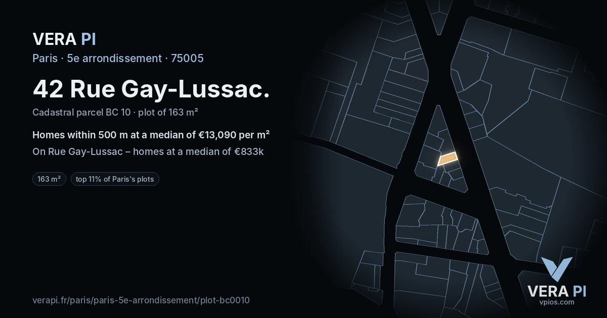 42 Rue Gay-Lussac, 5e arrondissement at night – the plot lit, the parcels around coloured by the prices near them