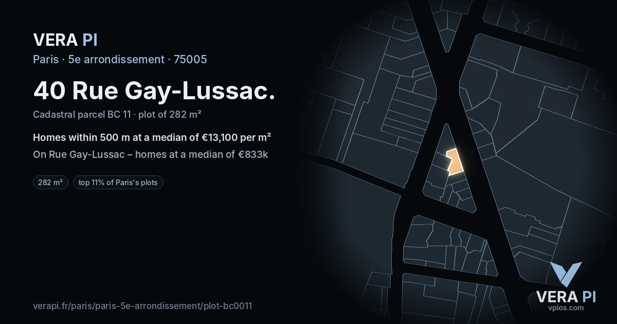 40 Rue Gay-Lussac, 5e arrondissement at night – the plot lit, the parcels around coloured by the prices near them
