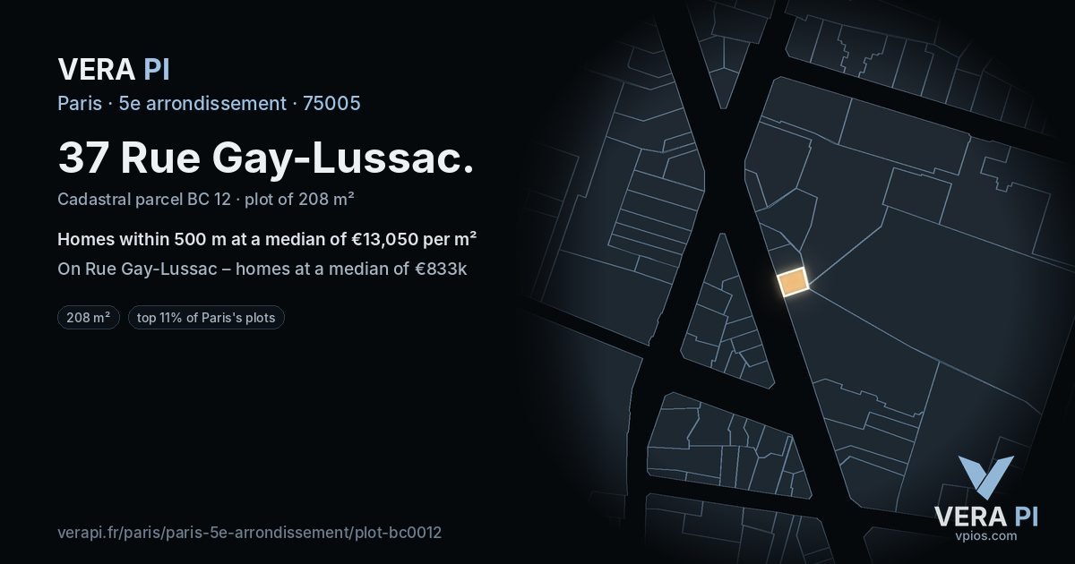 37 Rue Gay-Lussac, 5e arrondissement at night – the plot lit, the parcels around coloured by the prices near them