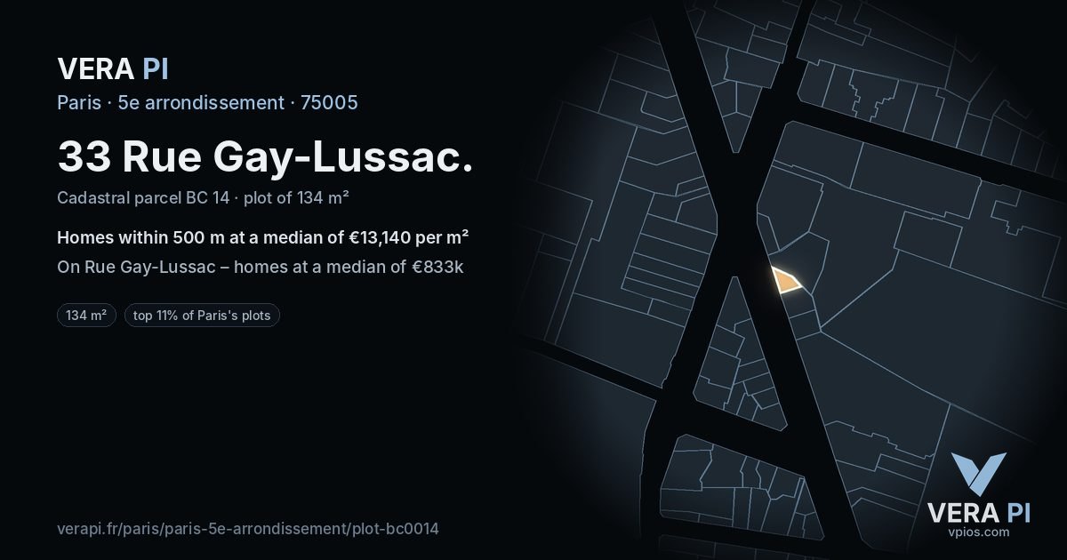 33 Rue Gay-Lussac, 5e arrondissement at night – the plot lit, the parcels around coloured by the prices near them