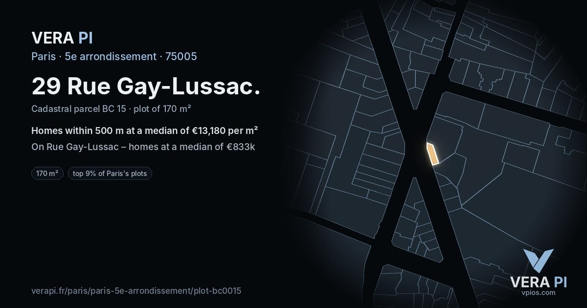 29 Rue Gay-Lussac, 5e arrondissement at night – the plot lit, the parcels around coloured by the prices near them