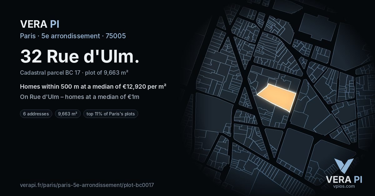 32 Rue d'Ulm, 5e arrondissement at night – the plot lit, the parcels around coloured by the prices near them