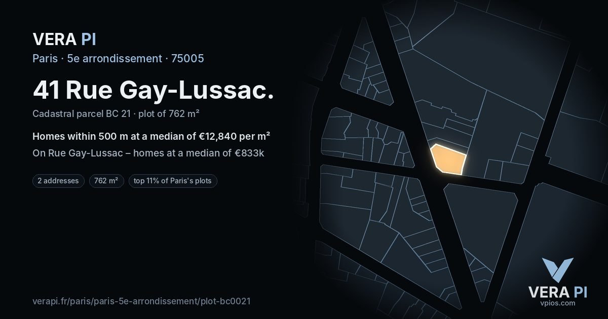 41 Rue Gay-Lussac, 5e arrondissement at night – the plot lit, the parcels around coloured by the prices near them
