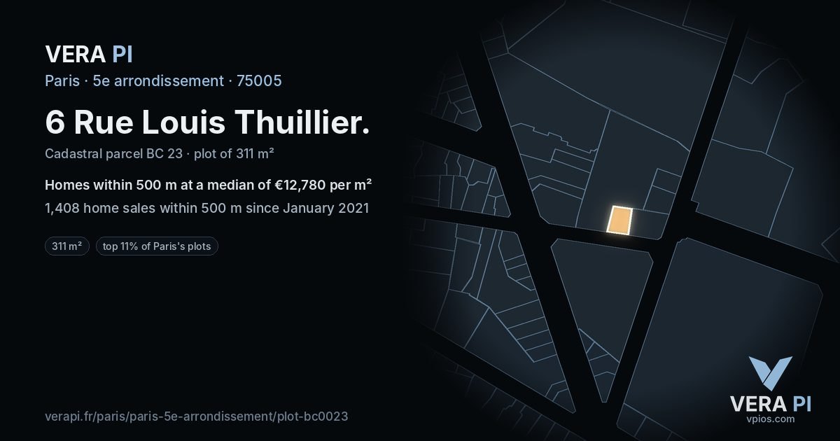 6 Rue Louis Thuillier, 5e arrondissement at night – the plot lit, the parcels around coloured by the prices near them