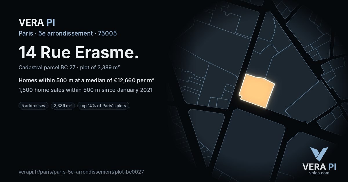 14 Rue Erasme, 5e arrondissement at night – the plot lit, the parcels around coloured by the prices near them