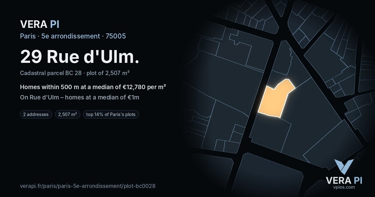 29 Rue d'Ulm, 5e arrondissement at night – the plot lit, the parcels around coloured by the prices near them