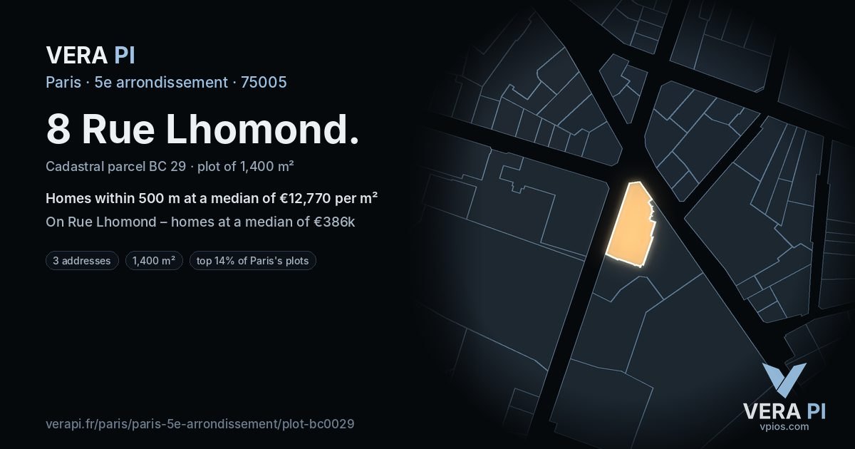 8 Rue Lhomond, 5e arrondissement at night – the plot lit, the parcels around coloured by the prices near them