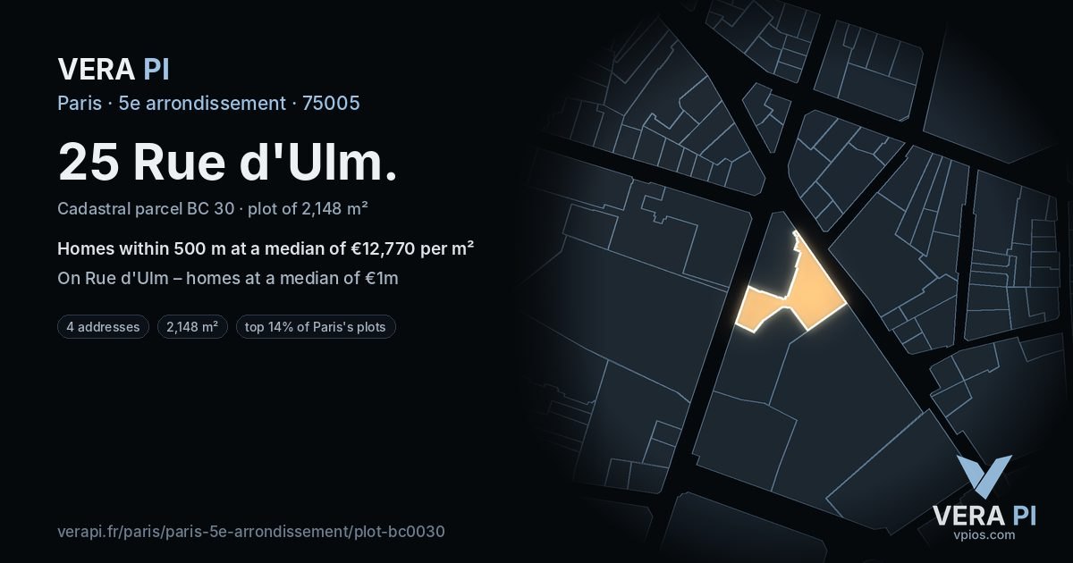 25 Rue d'Ulm, 5e arrondissement at night – the plot lit, the parcels around coloured by the prices near them