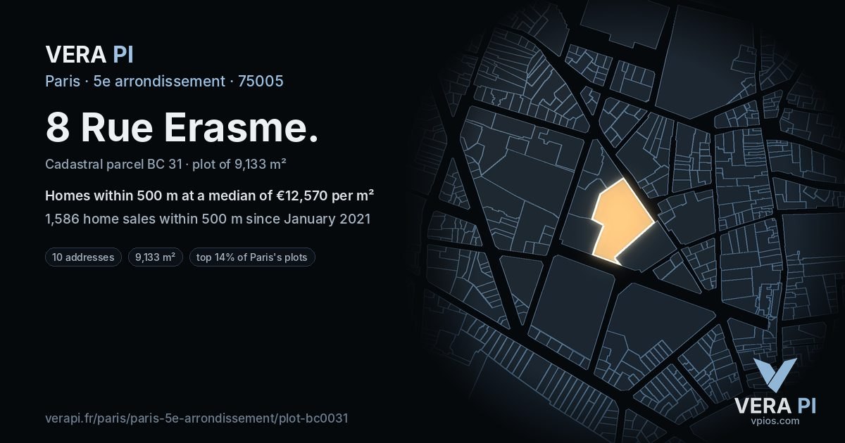 8 Rue Erasme, 5e arrondissement at night – the plot lit, the parcels around coloured by the prices near them