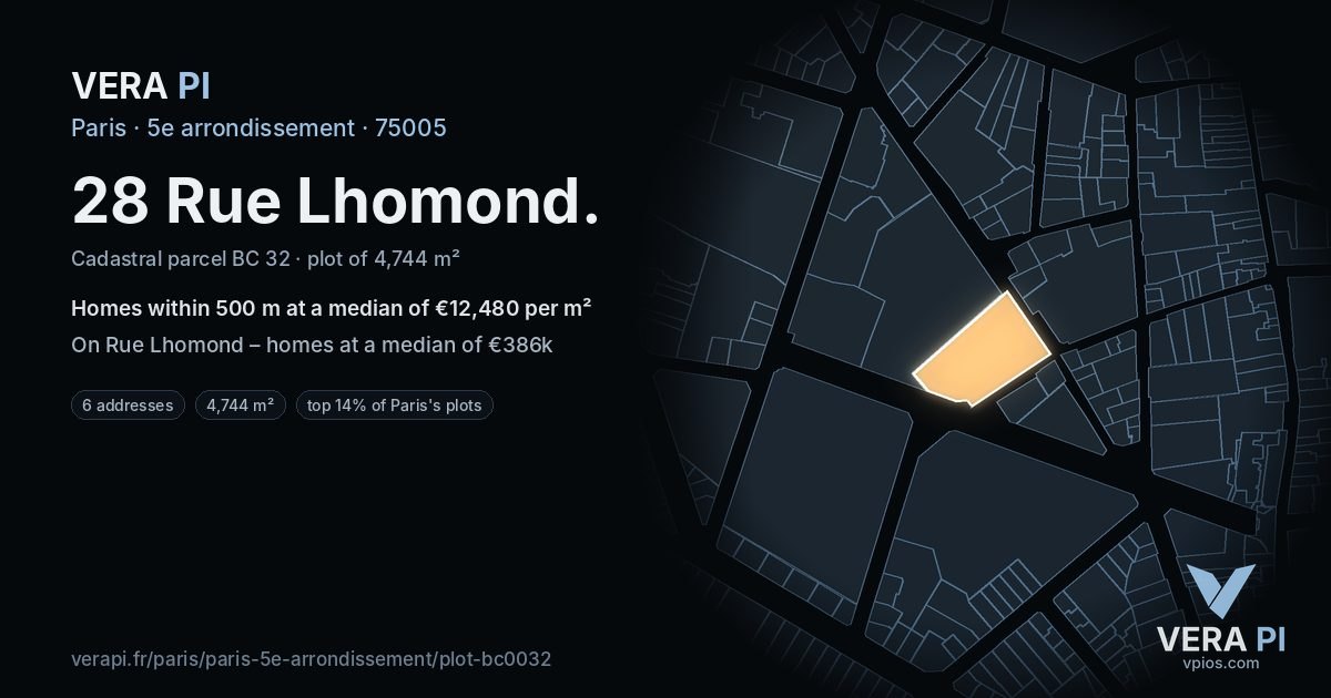 28 Rue Lhomond, 5e arrondissement at night – the plot lit, the parcels around coloured by the prices near them