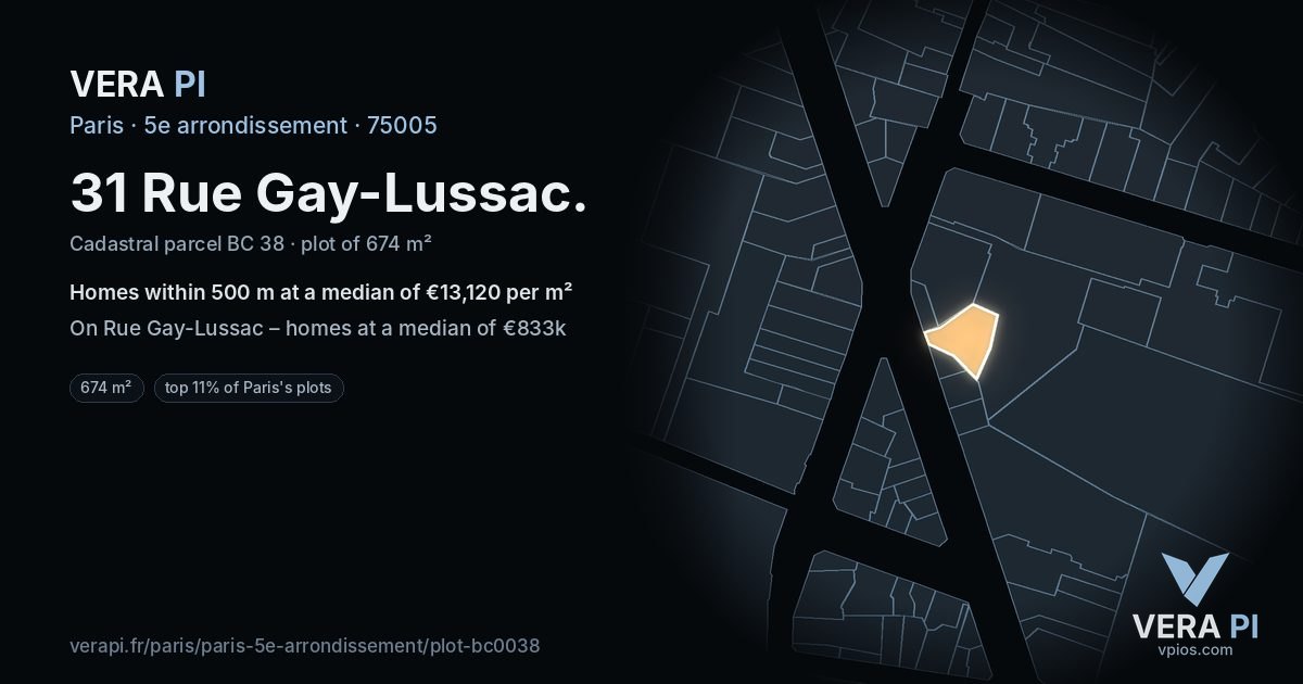 31 Rue Gay-Lussac, 5e arrondissement at night – the plot lit, the parcels around coloured by the prices near them