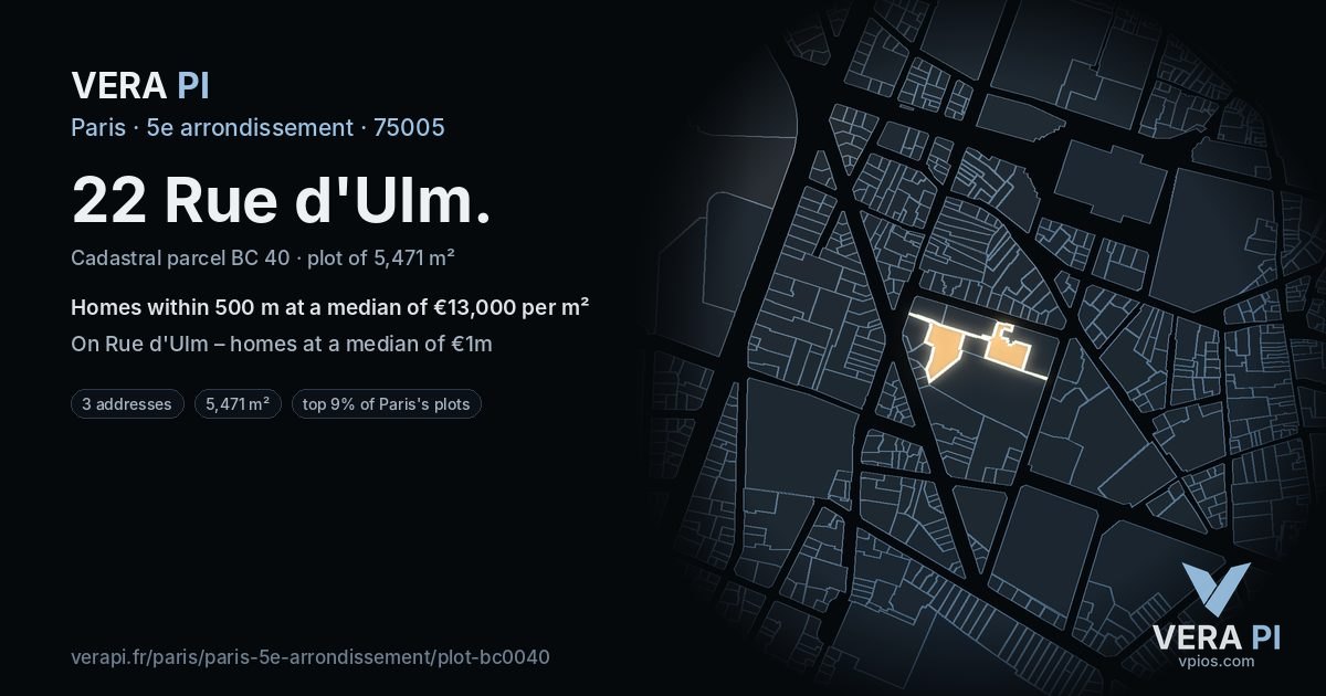 22 Rue d'Ulm, 5e arrondissement at night – the plot lit, the parcels around coloured by the prices near them