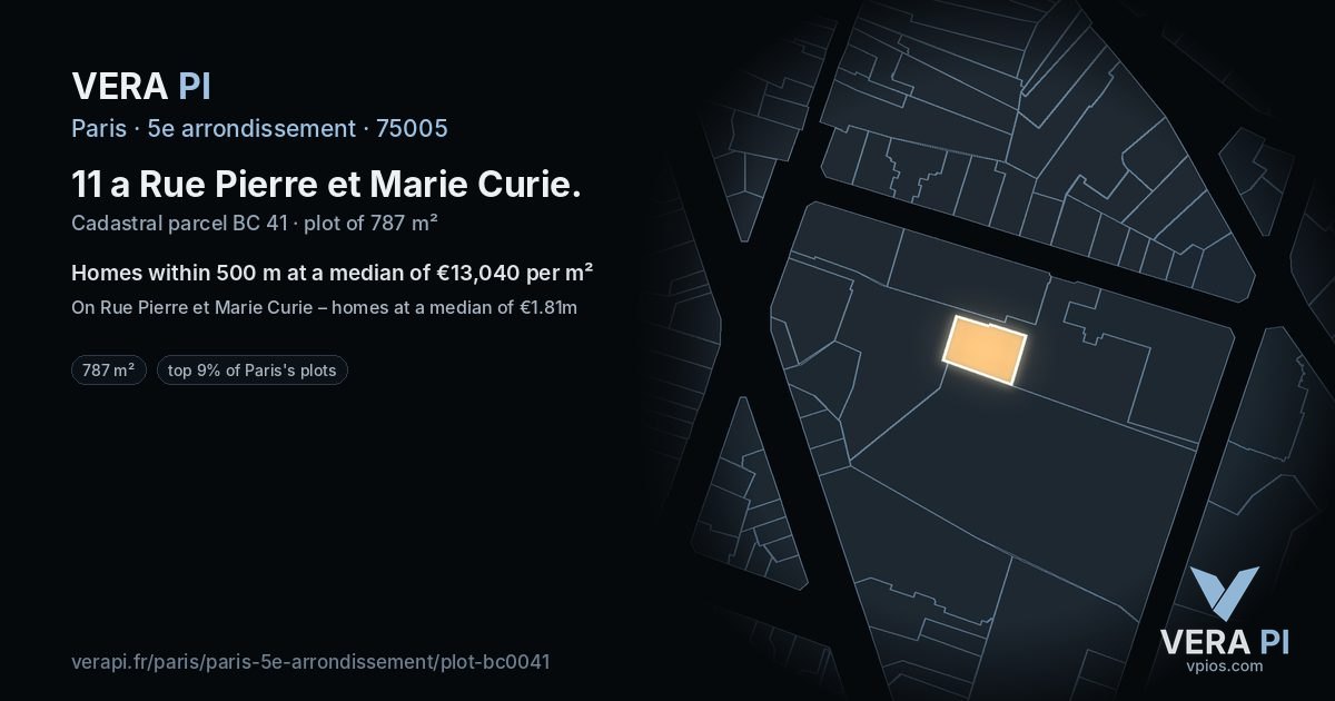 11 a Rue Pierre et Marie Curie, 5e arrondissement at night – the plot lit, the parcels around coloured by the prices near them