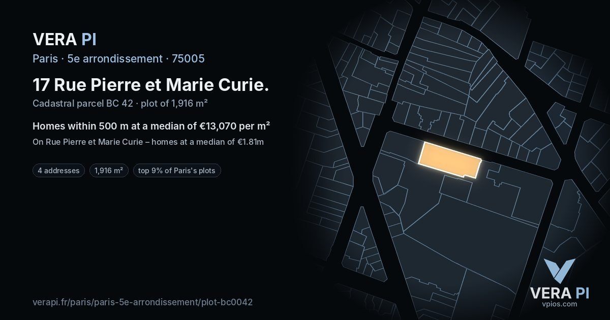 17 Rue Pierre et Marie Curie, 5e arrondissement at night – the plot lit, the parcels around coloured by the prices near them