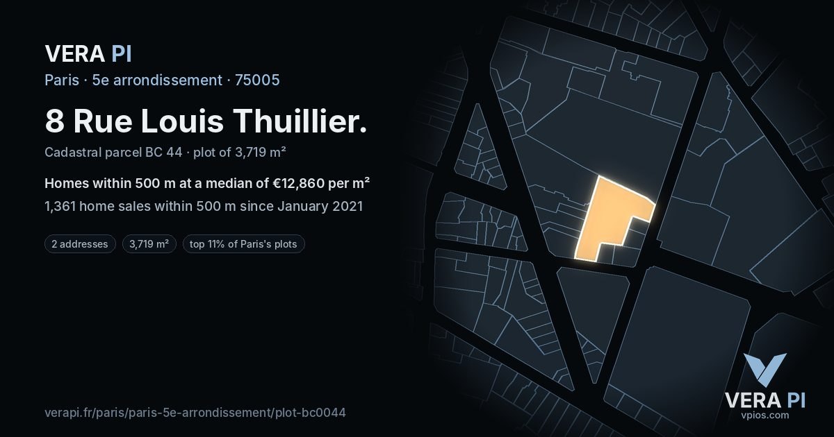 8 Rue Louis Thuillier, 5e arrondissement at night – the plot lit, the parcels around coloured by the prices near them