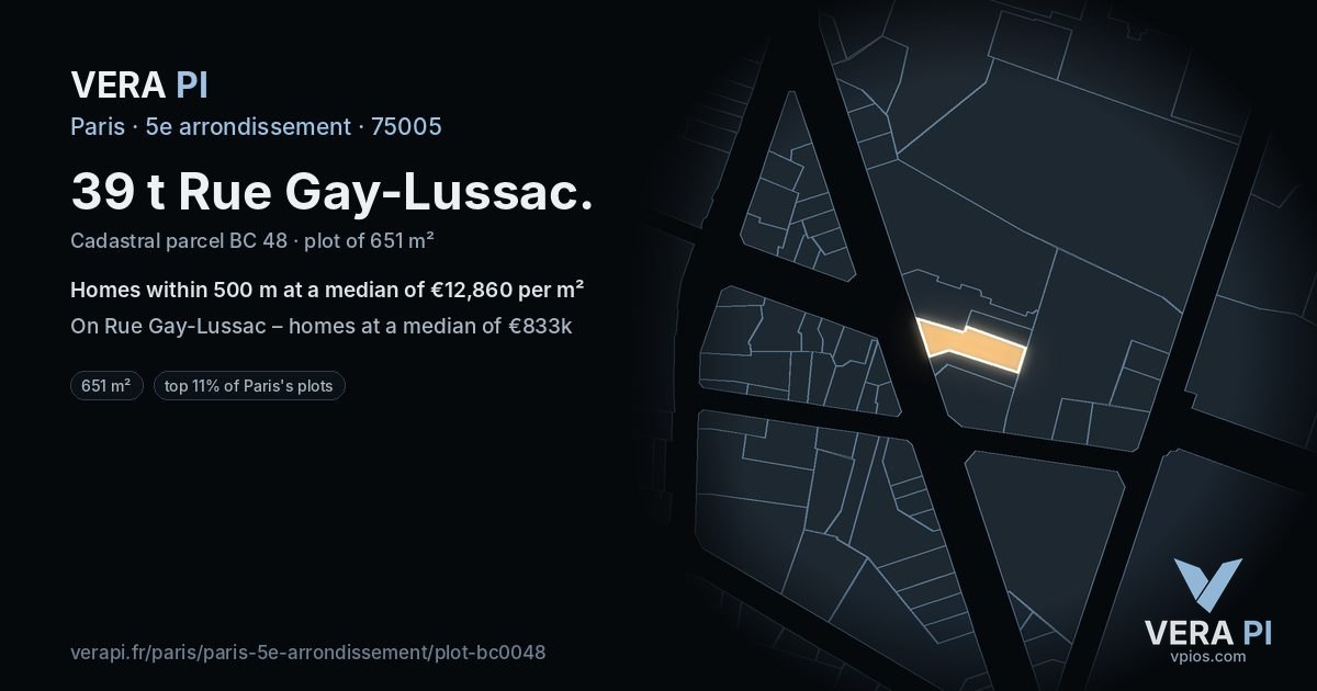 39 t Rue Gay-Lussac, 5e arrondissement at night – the plot lit, the parcels around coloured by the prices near them