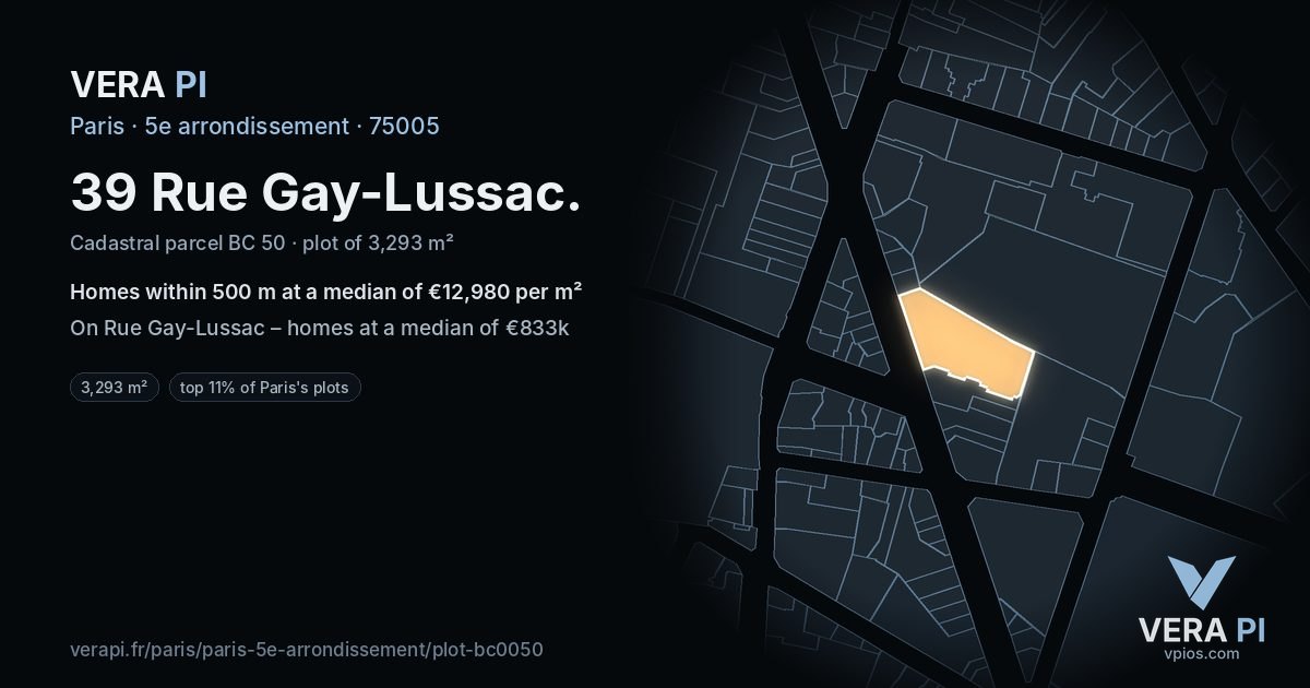 39 Rue Gay-Lussac, 5e arrondissement at night – the plot lit, the parcels around coloured by the prices near them