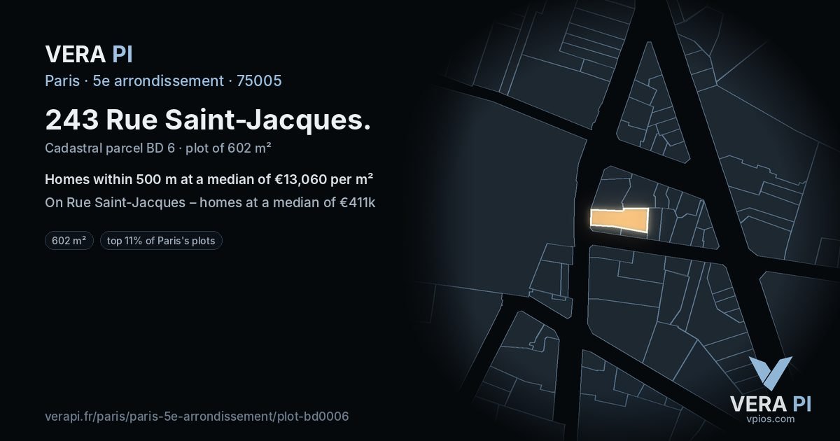 243 Rue Saint-Jacques, 5e arrondissement at night – the plot lit, the parcels around coloured by the prices near them