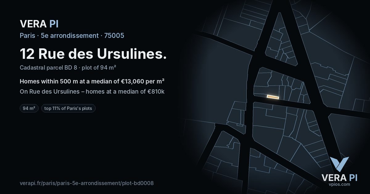 12 Rue des Ursulines, 5e arrondissement at night – the plot lit, the parcels around coloured by the prices near them