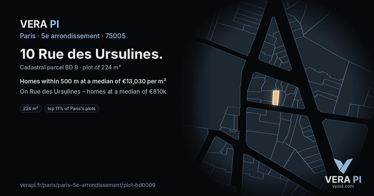 10 Rue des Ursulines, 5e arrondissement at night – the plot lit, the parcels around coloured by the prices near them
