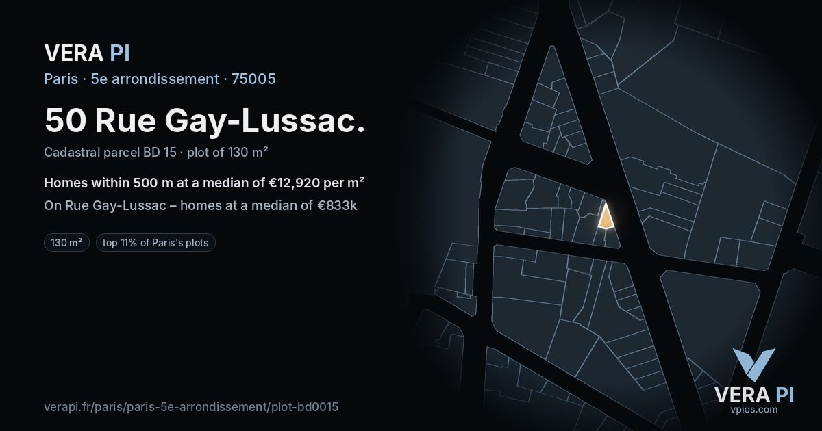 50 Rue Gay-Lussac, 5e arrondissement at night – the plot lit, the parcels around coloured by the prices near them