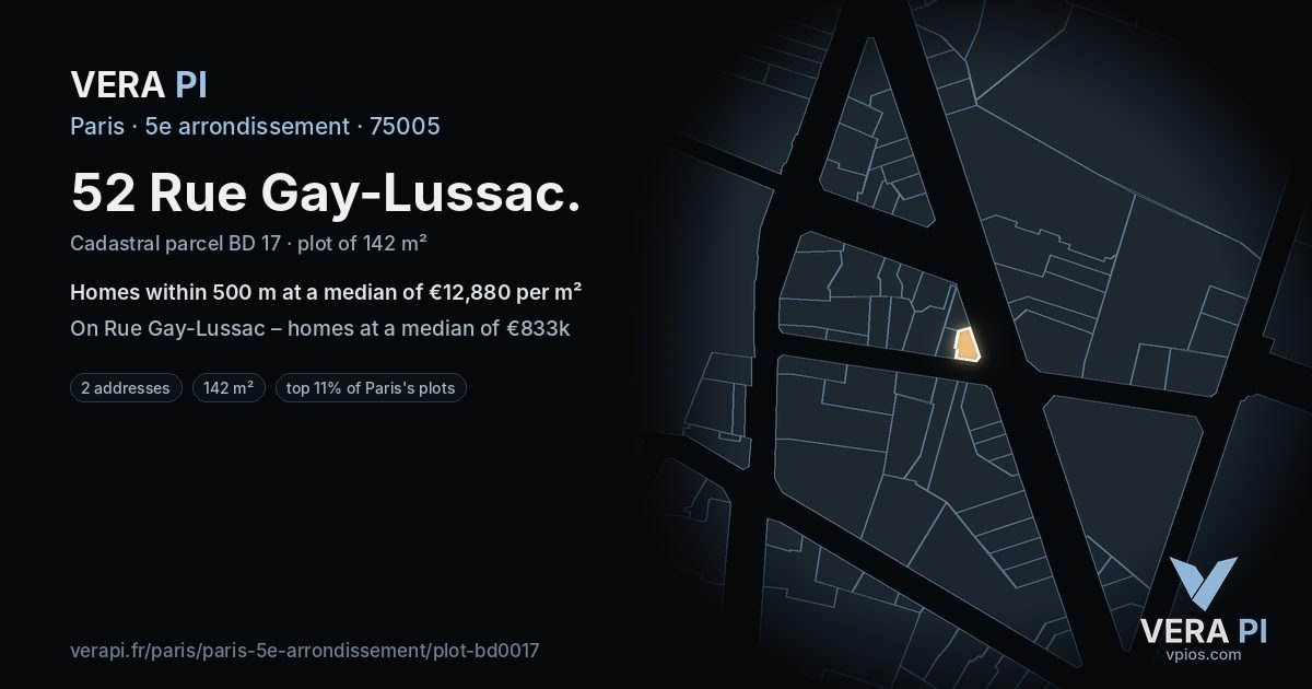 52 Rue Gay-Lussac, 5e arrondissement at night – the plot lit, the parcels around coloured by the prices near them