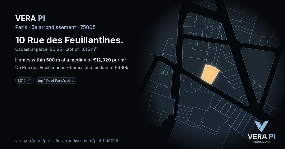 10 Rue des Feuillantines, 5e arrondissement at night – the plot lit, the parcels around coloured by the prices near them