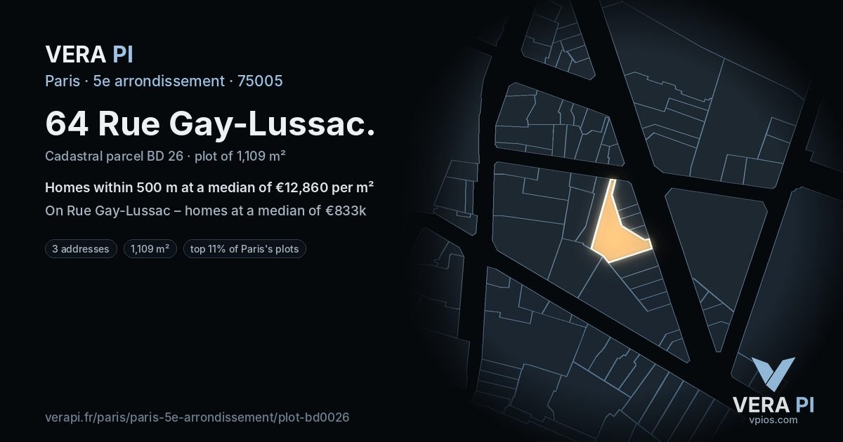 64 Rue Gay-Lussac, 5e arrondissement at night – the plot lit, the parcels around coloured by the prices near them