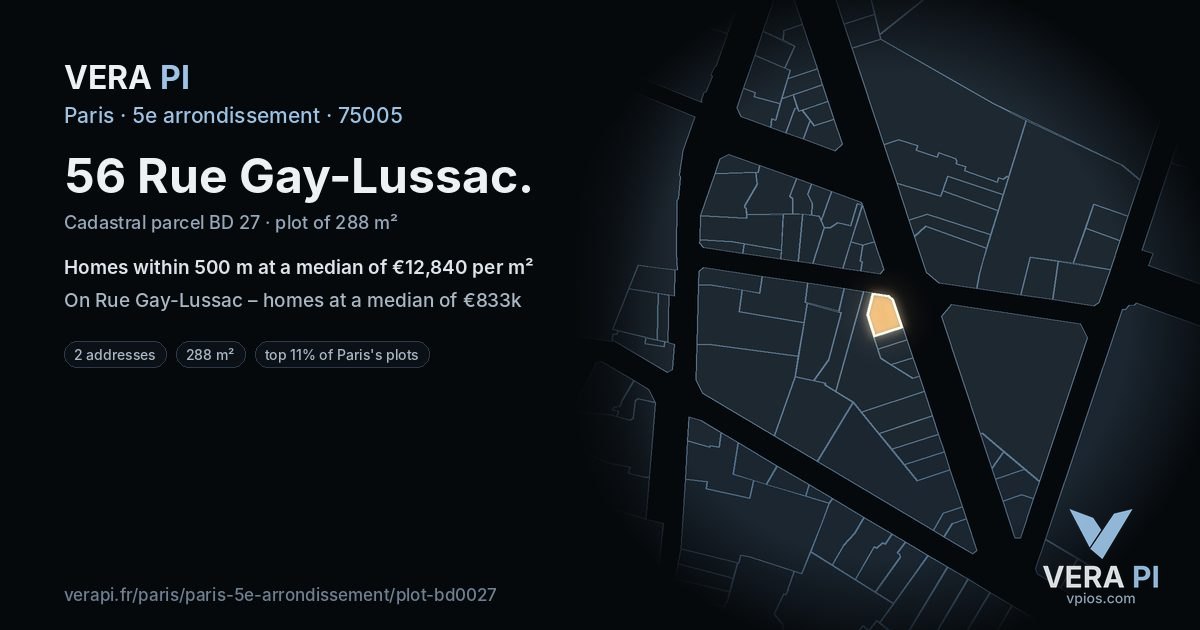56 Rue Gay-Lussac, 5e arrondissement at night – the plot lit, the parcels around coloured by the prices near them