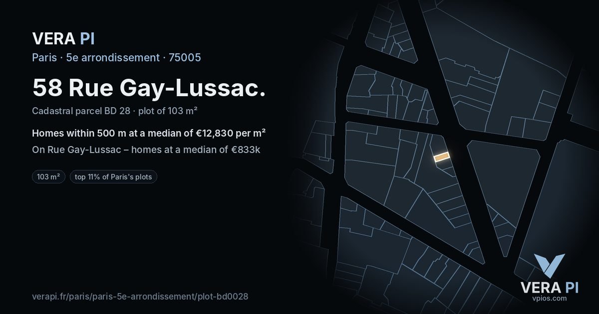 58 Rue Gay-Lussac, 5e arrondissement at night – the plot lit, the parcels around coloured by the prices near them