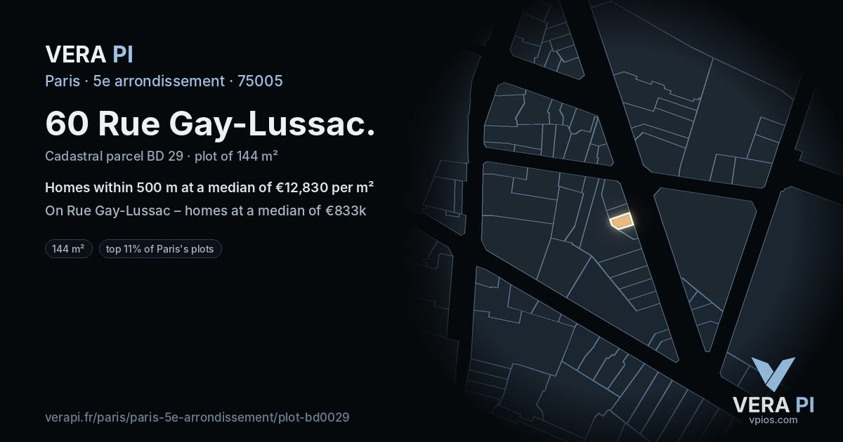 60 Rue Gay-Lussac, 5e arrondissement at night – the plot lit, the parcels around coloured by the prices near them