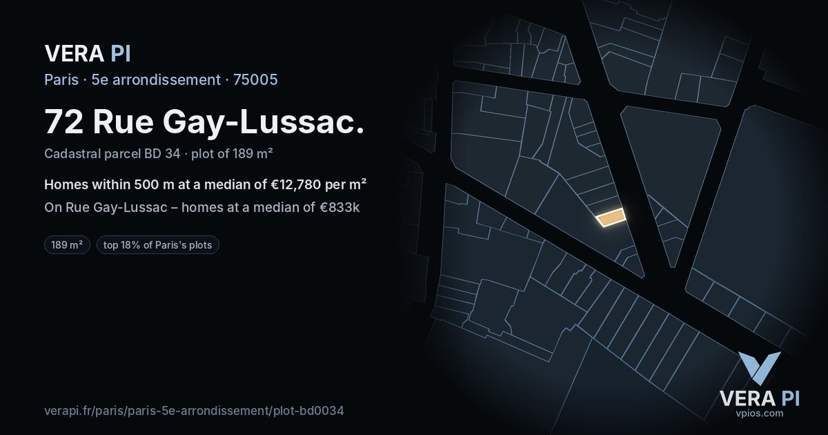 72 Rue Gay-Lussac, 5e arrondissement at night – the plot lit, the parcels around coloured by the prices near them