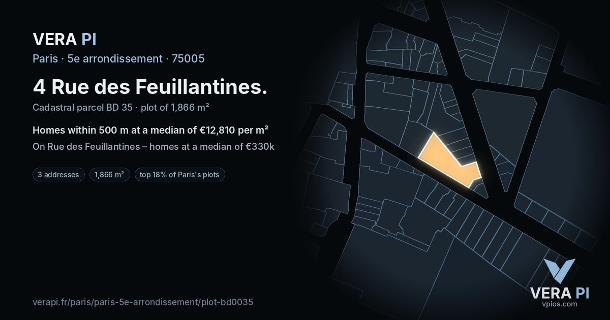 4 Rue des Feuillantines, 5e arrondissement at night – the plot lit, the parcels around coloured by the prices near them