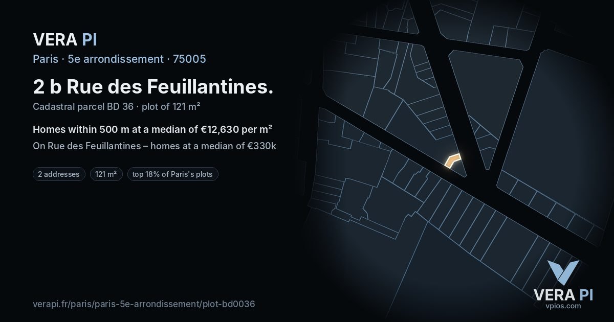 2 b Rue des Feuillantines, 5e arrondissement at night – the plot lit, the parcels around coloured by the prices near them