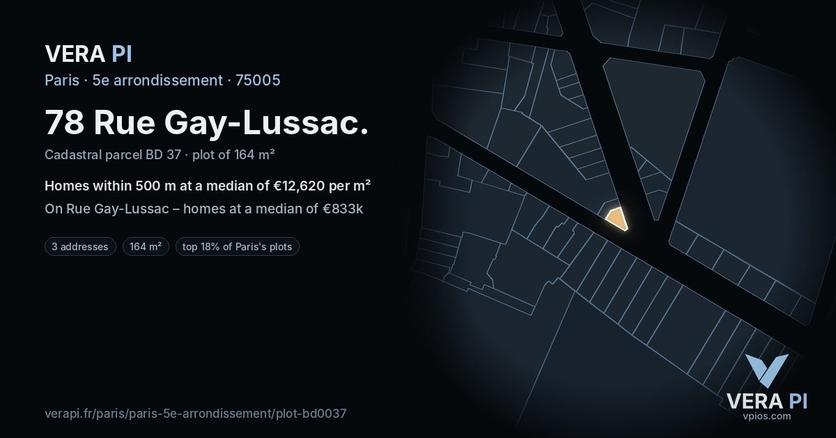 78 Rue Gay-Lussac, 5e arrondissement at night – the plot lit, the parcels around coloured by the prices near them
