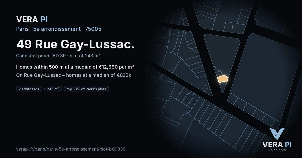 49 Rue Gay-Lussac, 5e arrondissement at night – the plot lit, the parcels around coloured by the prices near them