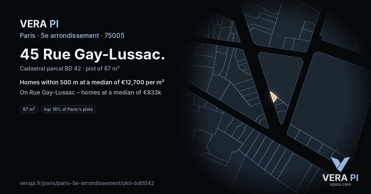 45 Rue Gay-Lussac, 5e arrondissement at night – the plot lit, the parcels around coloured by the prices near them