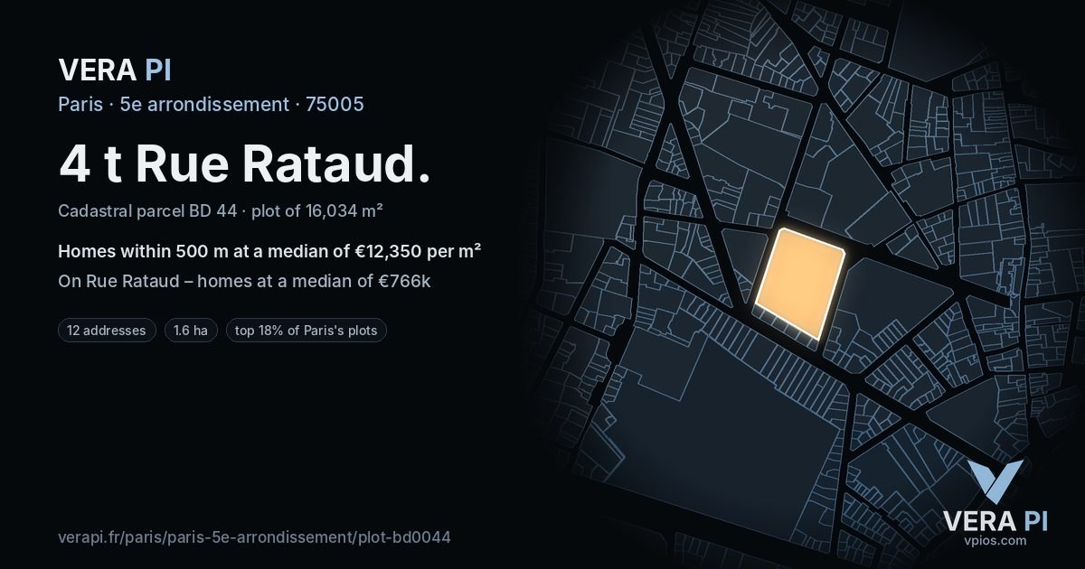 4 t Rue Rataud, 5e arrondissement at night – the plot lit, the parcels around coloured by the prices near them