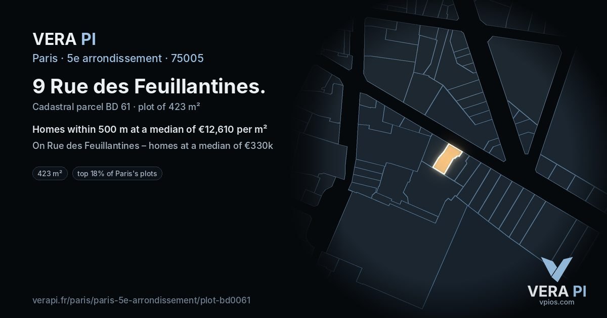 9 Rue des Feuillantines, 5e arrondissement at night – the plot lit, the parcels around coloured by the prices near them