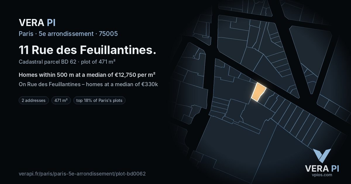 11 Rue des Feuillantines, 5e arrondissement at night – the plot lit, the parcels around coloured by the prices near them