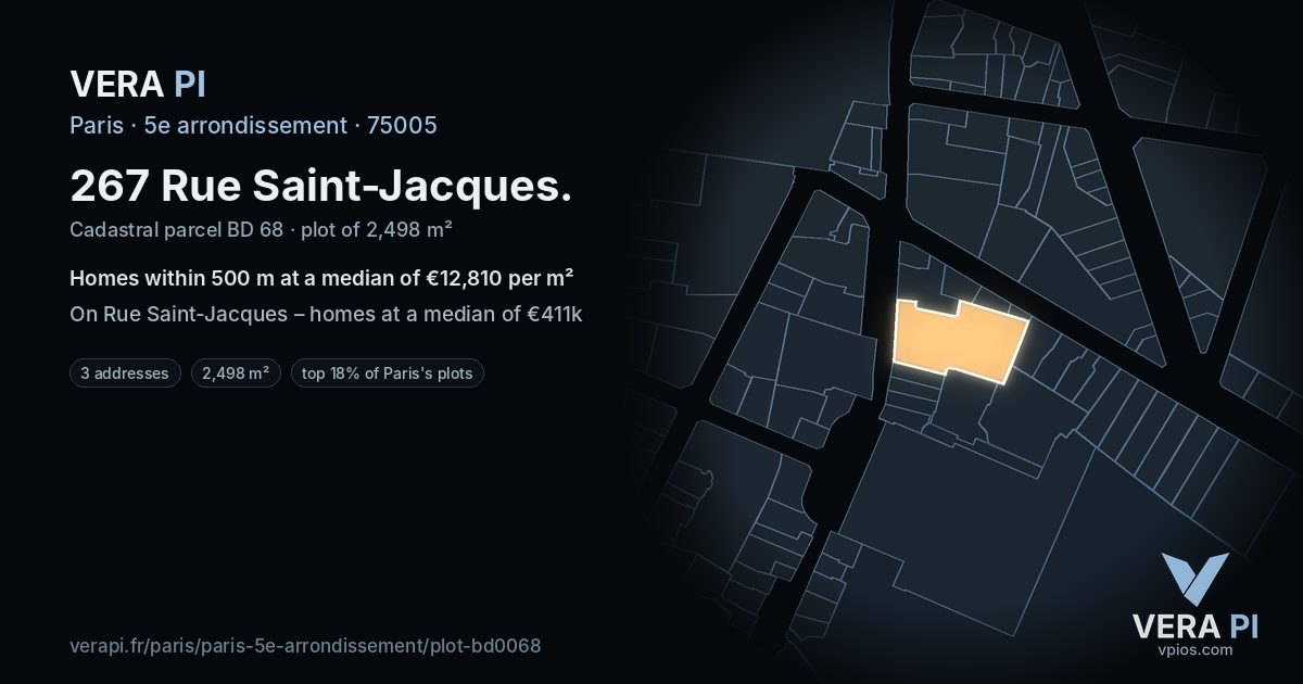 267 Rue Saint-Jacques, 5e arrondissement at night – the plot lit, the parcels around coloured by the prices near them
