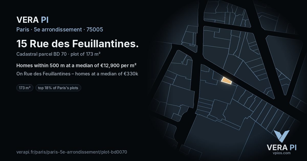 15 Rue des Feuillantines, 5e arrondissement at night – the plot lit, the parcels around coloured by the prices near them