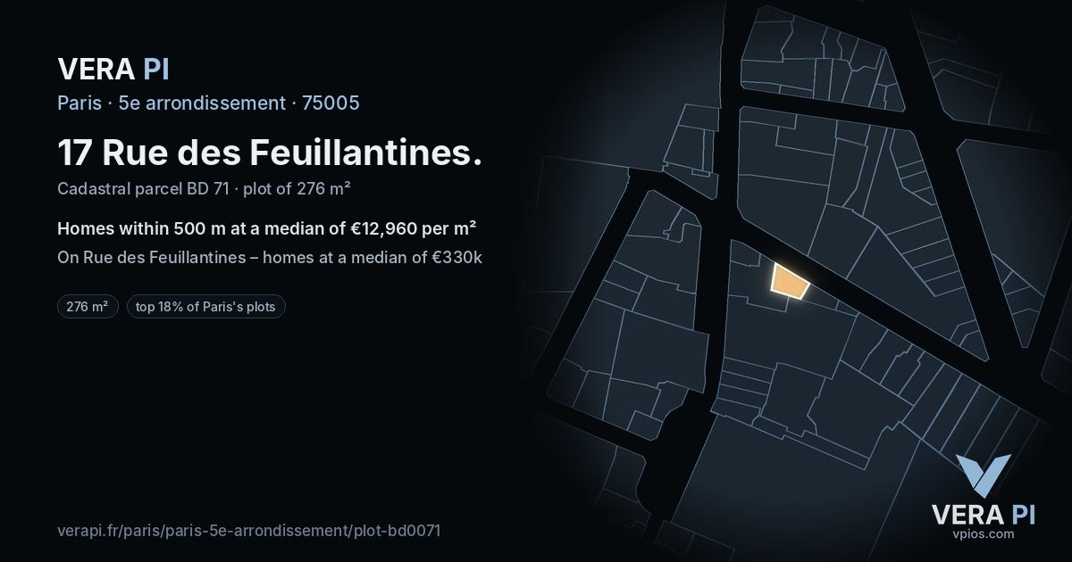 17 Rue des Feuillantines, 5e arrondissement at night – the plot lit, the parcels around coloured by the prices near them